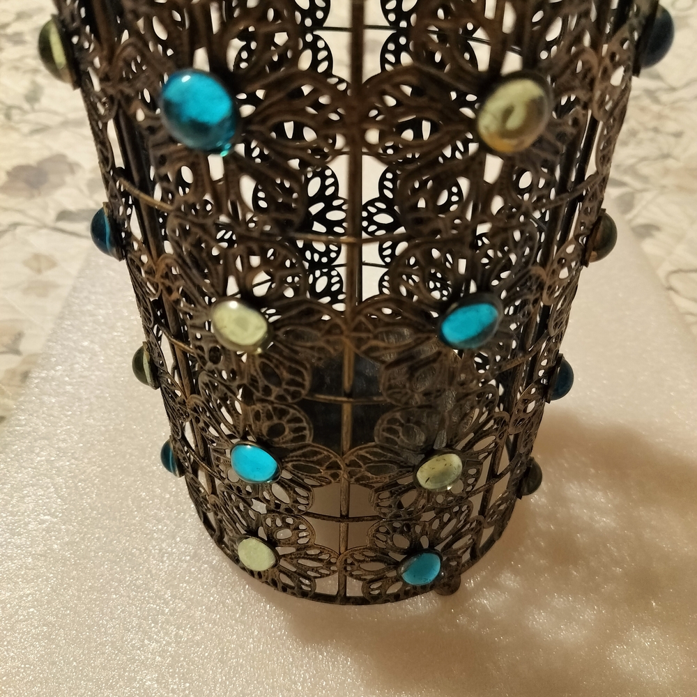 Decorative Metal Candle Holder with Blue and Green Accents